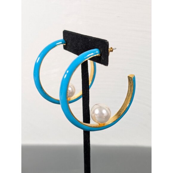 Turquoise Blue Enamel Hoop Earrings Faux Pearl Signed Kenneth Lane - Picture 1 of 10